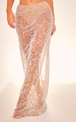 Nude Metallic Textured Mesh Low Rise Maxi Skirt