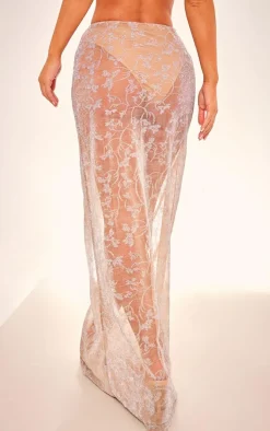 Nude Metallic Textured Mesh Low Rise Maxi Skirt