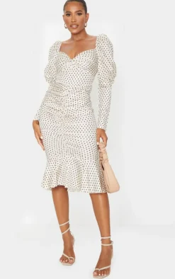 Nude Polka Dot Puff Sleeve Ruched Detail Frill Hem Midi Dress