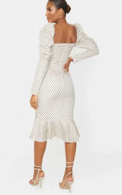 Nude Polka Dot Puff Sleeve Ruched Detail Frill Hem Midi Dress