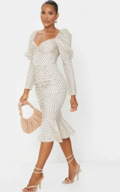 Nude Polka Dot Puff Sleeve Ruched Detail Frill Hem Midi Dress