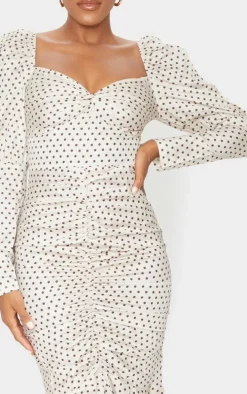 Nude Polka Dot Puff Sleeve Ruched Detail Frill Hem Midi Dress