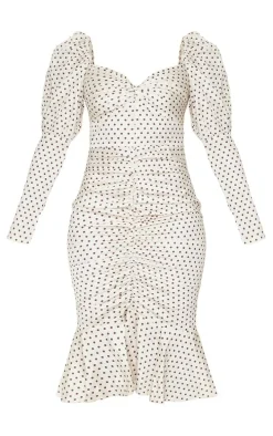 Nude Polka Dot Puff Sleeve Ruched Detail Frill Hem Midi Dress
