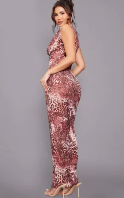 Nude Printed Crinkle Mesh Cowl Neck Midi Dress