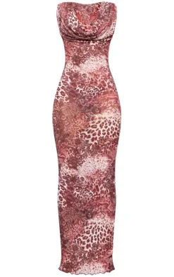 Nude Printed Crinkle Mesh Cowl Neck Midi Dress