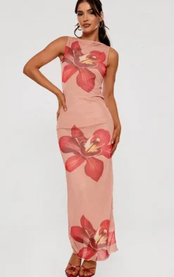 Nude Printed Mesh Floral Print Maxi Dress