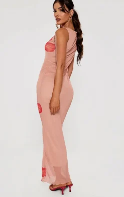 Nude Printed Mesh Floral Print Maxi Dress
