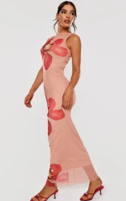 Nude Printed Mesh Floral Print Maxi Dress