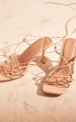Nude Pu Crinkle Lace Up Low Heeled Sandals