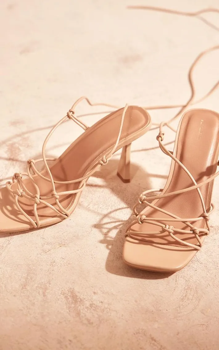 Nude Pu Crinkle Lace Up Low Heeled Sandals