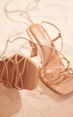 Nude Pu Crinkle Lace Up Low Heeled Sandals
