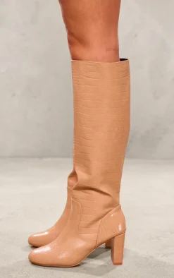 Nude Pu Croc Round Toe High Heeled Block Knee Boots