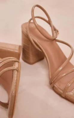 Nude PU Croc Square Toe Asymmetric Strappy Block Heel Sandals