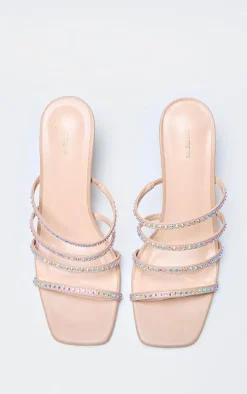 Nude PU Point Toe Diamante Strappy Heeled Mules