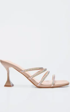 Nude PU Point Toe Diamante Strappy Heeled Mules