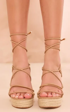 Nude PU Round Toe Cross Over Lace Up Espadrille High Wedges