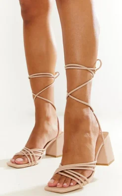 Nude Pu Square Multi Criss Cross Strap Block Heeled Tie Up Sandals