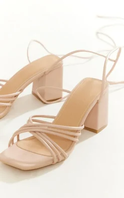 Nude Pu Square Multi Criss Cross Strap Block Heeled Tie Up Sandals