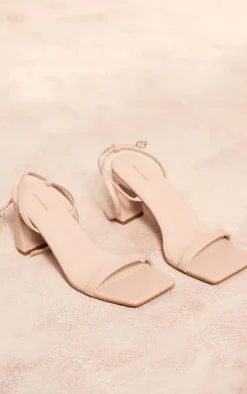 Nude Pu Square Toe Barely There Block High Heeled Sandals