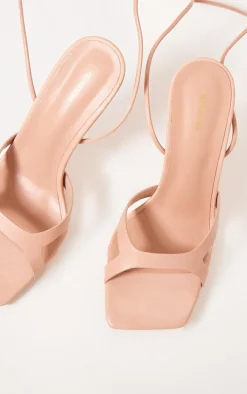 Nude Pu Square Toe Cut Out Strap Lace Up Heeled Sandals