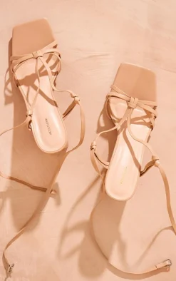 Nude PU Square Toe Knot Strap Detail High Block Heeled Sandals