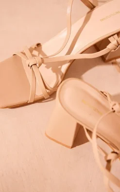 Nude PU Square Toe Knot Strap Detail High Block Heeled Sandals