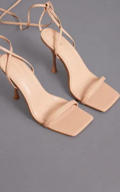 Nude Pu Square Toe Lace Up Mid Heeled Sandals
