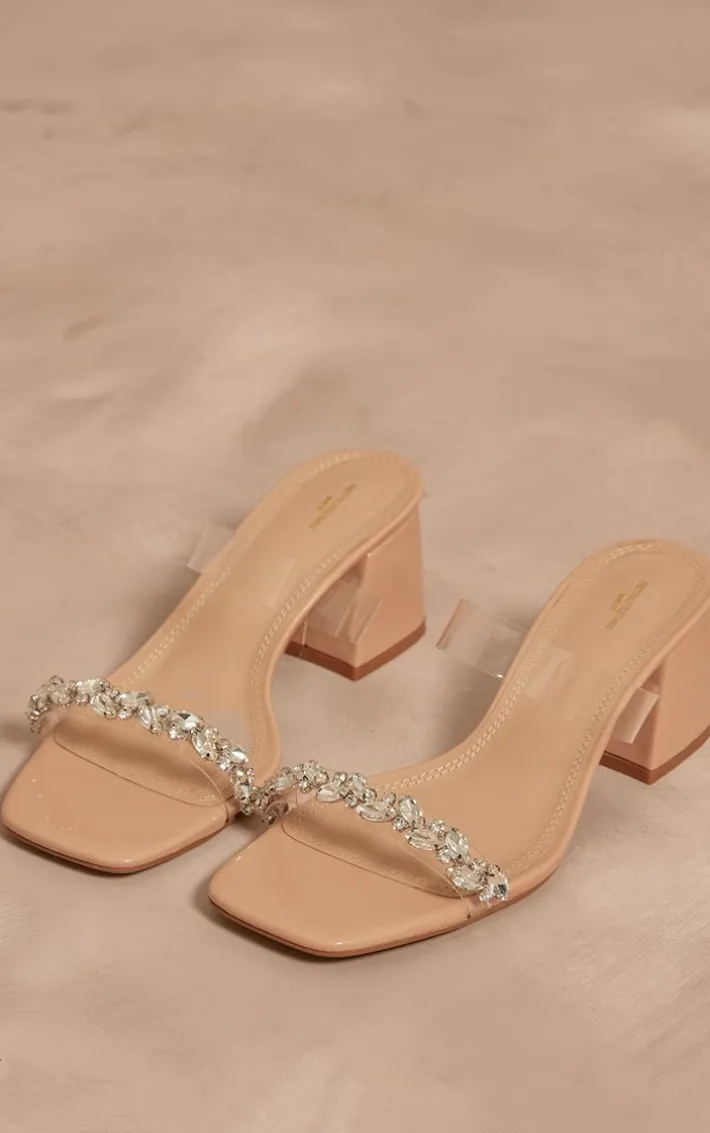 Nude PU Wide Fit Square Toe Jewel Perspex Block Heeled Mules