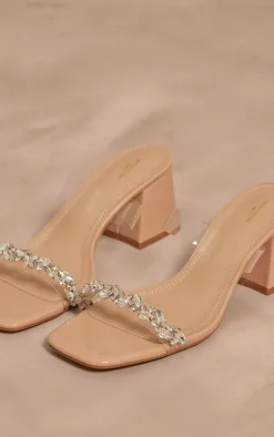 Nude PU Wide Fit Square Toe Jewel Perspex Block Heeled Mules