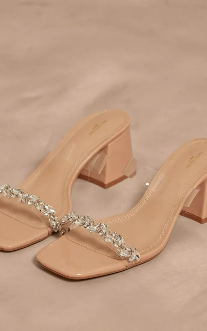 Nude PU Wide Fit Square Toe Jewel Perspex Block Heeled Mules