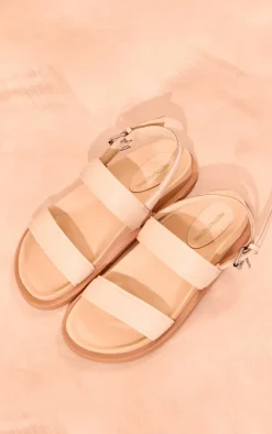 Nude Real Leather Round Toe Strap Flatbed Sandals