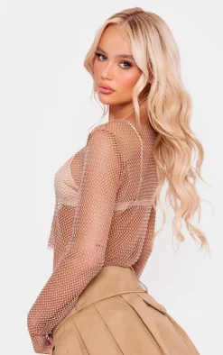 Nude Rhinestone Fishnet Long Sleeve Crew Neck Crop Top