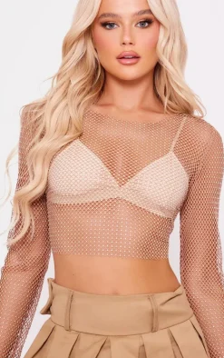 Nude Rhinestone Fishnet Long Sleeve Crew Neck Crop Top