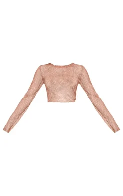 Nude Rhinestone Fishnet Long Sleeve Crew Neck Crop Top
