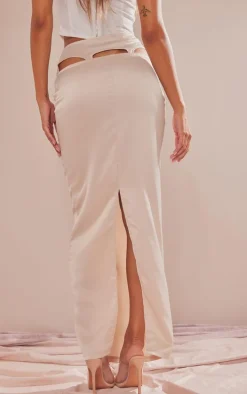 Nude Satin Cut Out Suspender Midi Skirt