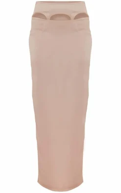 Nude Satin Cut Out Suspender Midi Skirt