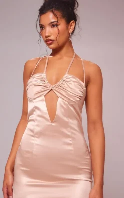 Nude Satin Halter Neck Midi Dress
