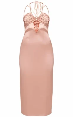 Nude Satin Halter Neck Midi Dress