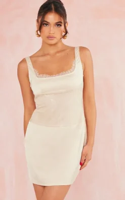 Nude Satin Lace Insert Trim Detail Strappy Bodycon Dress