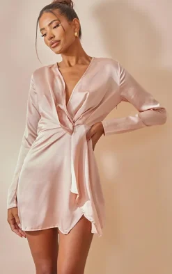 Nude Satin Long Sleeve Wrap Dress
