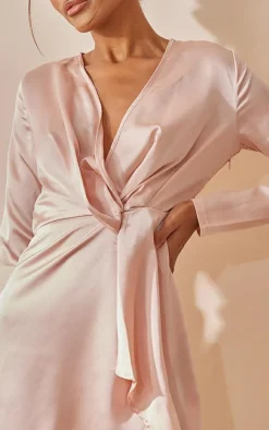 Nude Satin Long Sleeve Wrap Dress
