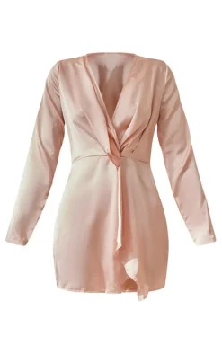 Nude Satin Long Sleeve Wrap Dress