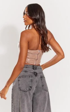 Nude Sequin Boned Bandeau Corset Crop Top