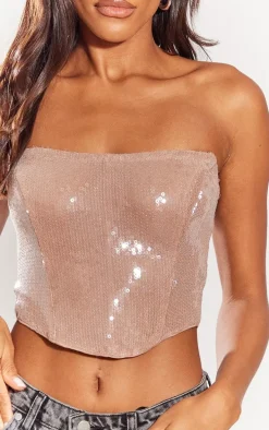 Nude Sequin Boned Bandeau Corset Crop Top