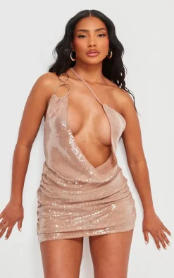 Nude Sequin Cowl Neck Ring Detail Skort Romper
