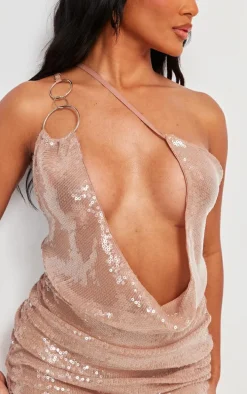 Nude Sequin Cowl Neck Ring Detail Skort Romper