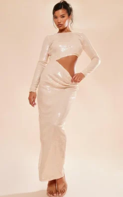 Nude Sequin Cut Out Long Sleeve Maxi Dress