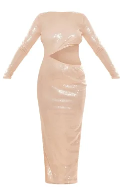 Nude Sequin Cut Out Long Sleeve Maxi Dress