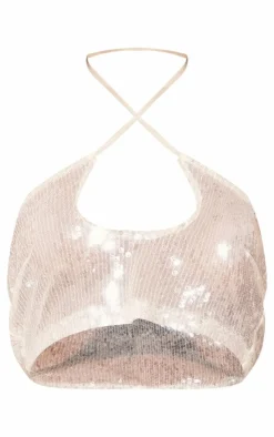 Nude Sequin Halterneck Crop Top