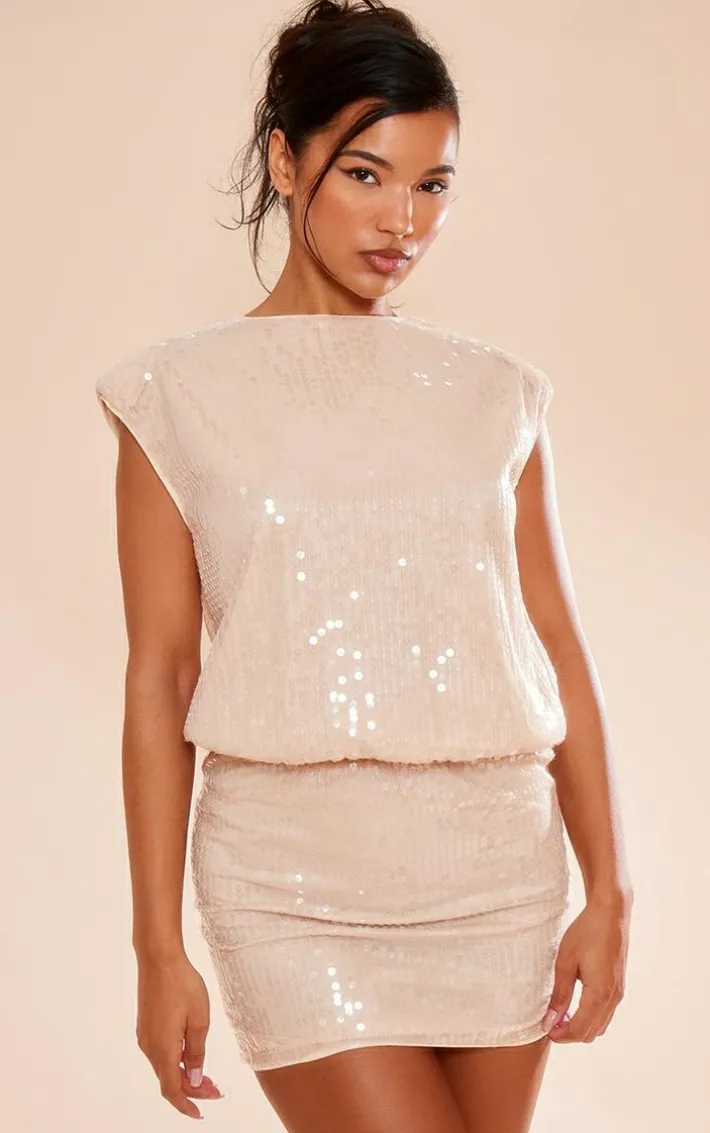 Nude Sequin Shoulder Pad Sleeveless Bodycon Dress